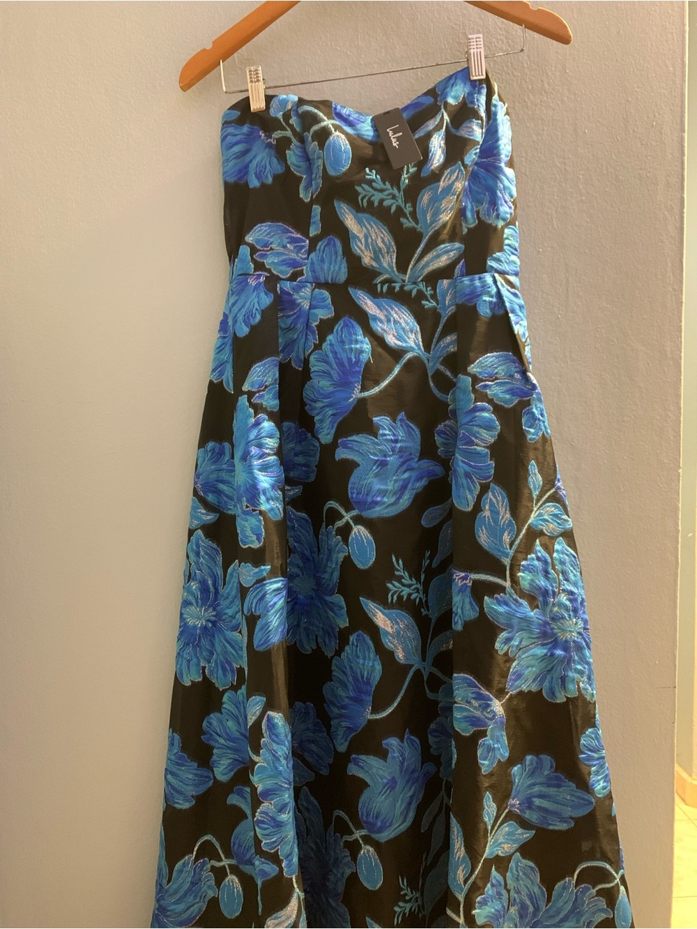 Lulu's Strapless Black Dress with Blue Floral Print